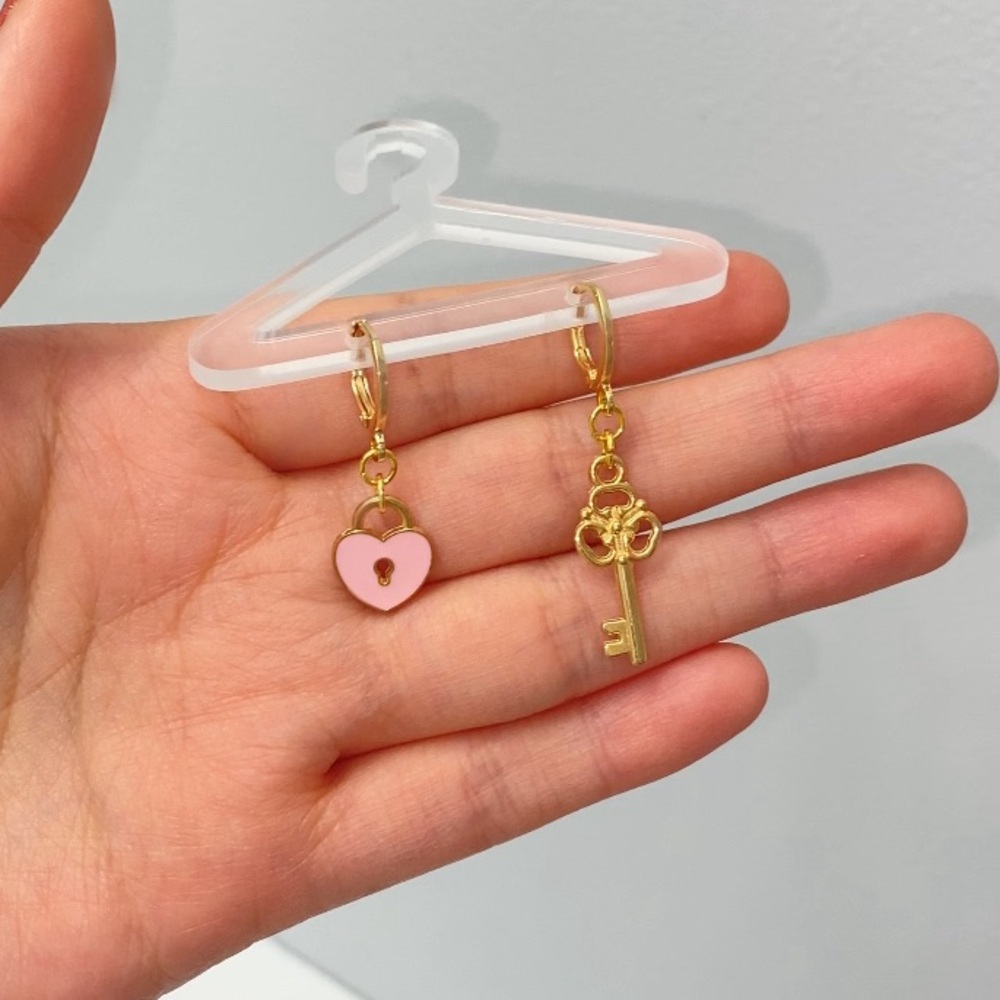 Dainty Gold and Pink Heart Lock and Key Earrings 🩷🔒🗝️